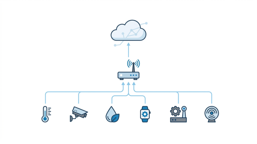 Connected IoT devices linked to an edge gateway and cloud in a simple network illustration