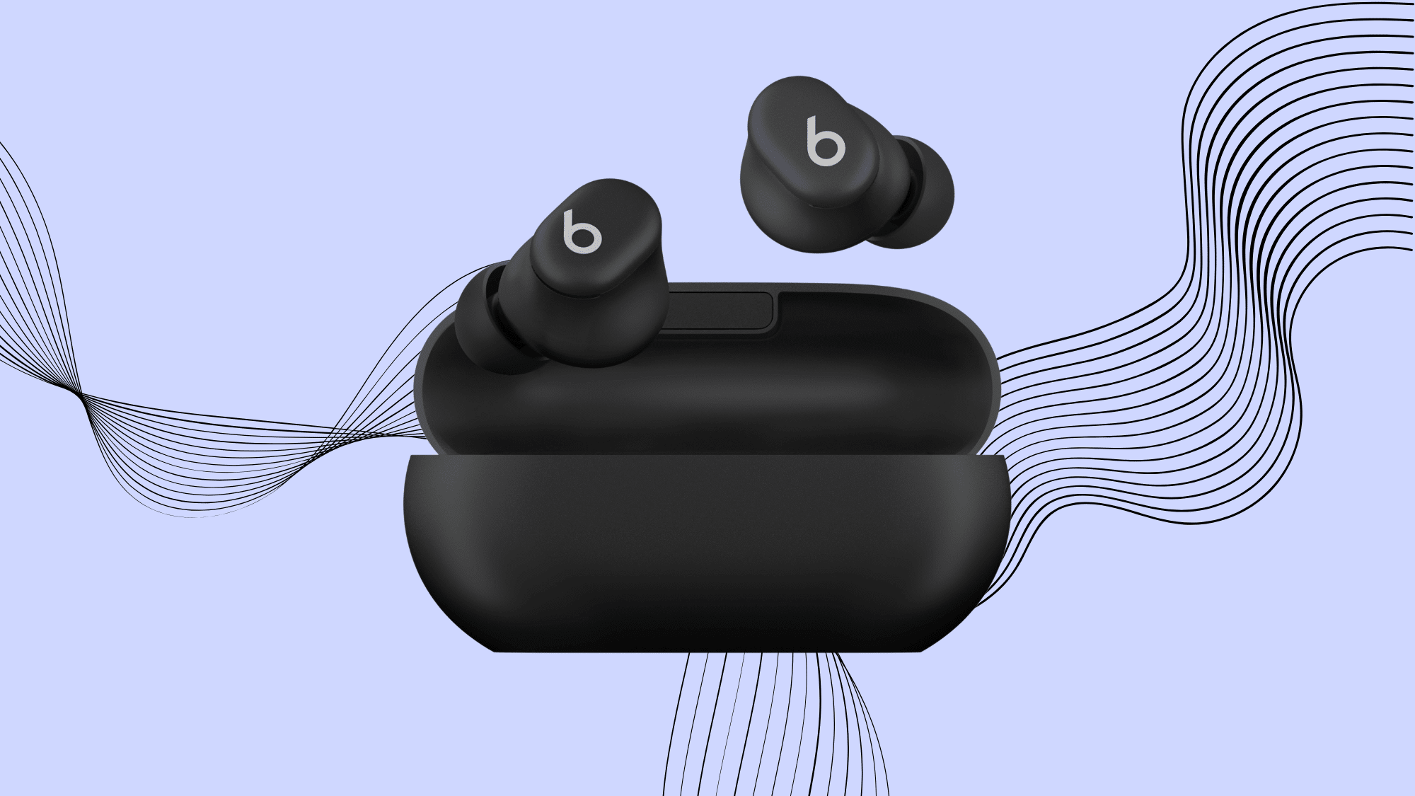 Beats Studio Buds in black charging case on light purple background