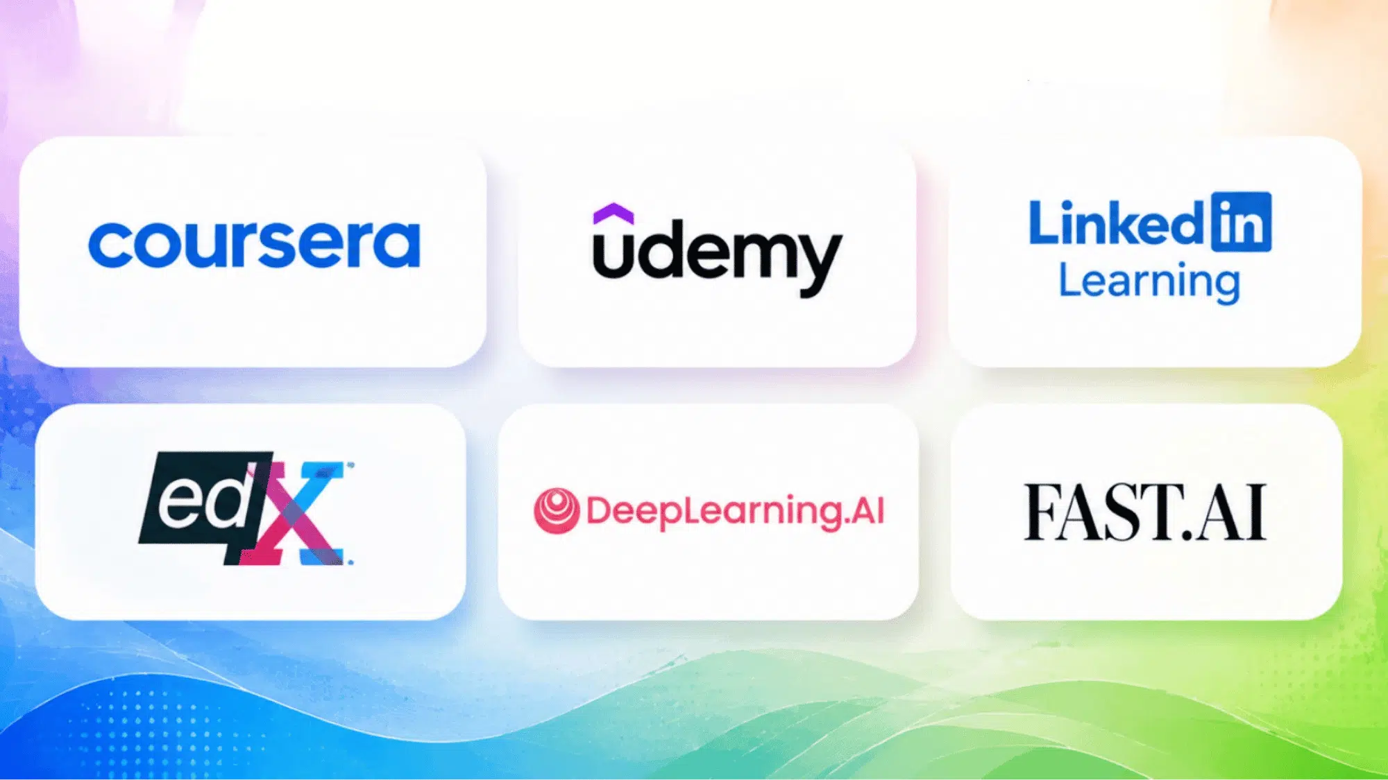 Colorful infographic showing top generative AI learning platforms like Coursera, Udemy, LinkedIn, edX, DeepLearning.AI, FAST.AI.