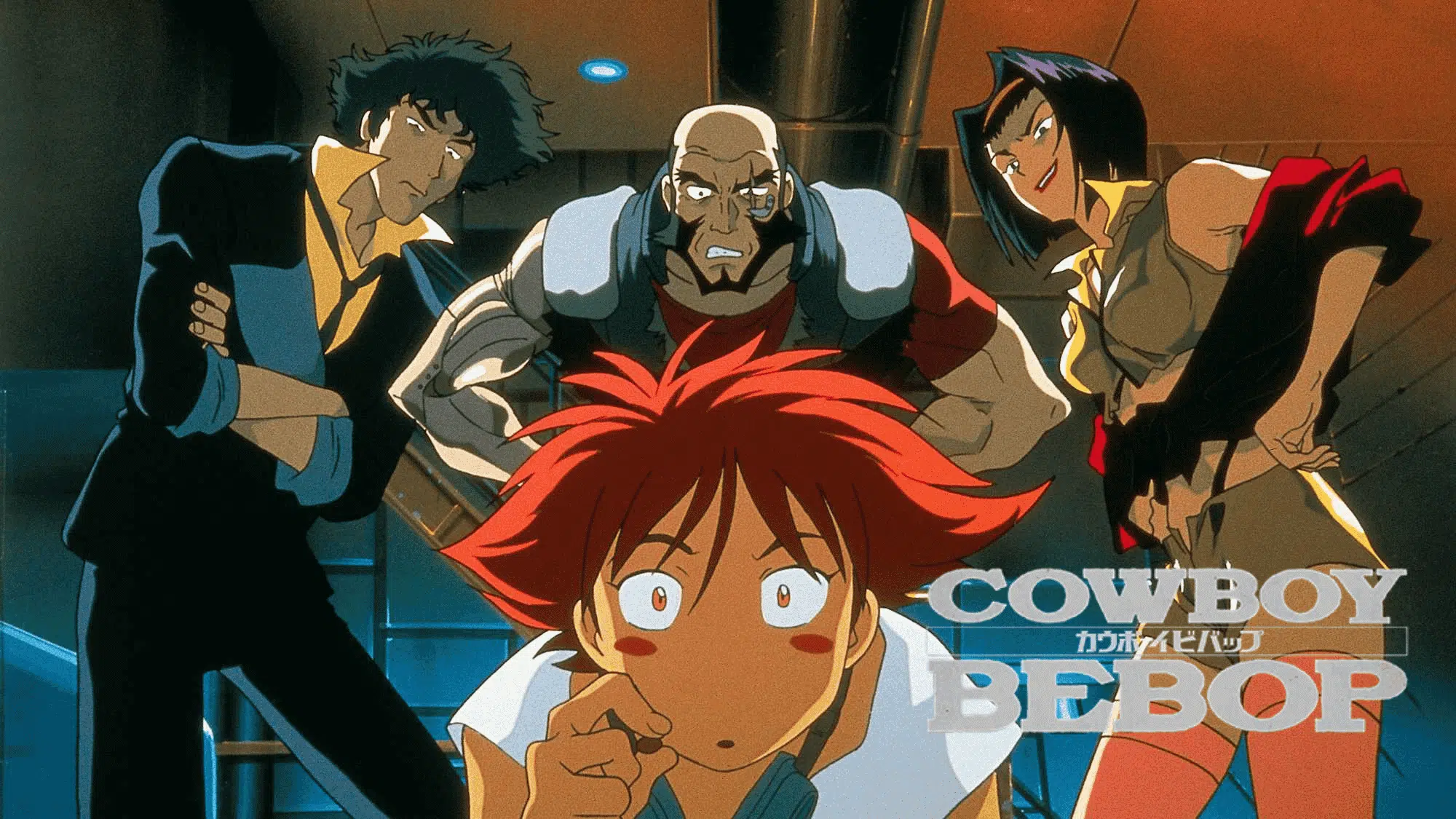 Cowboy Bebop anime poster showing main characters in action with space background