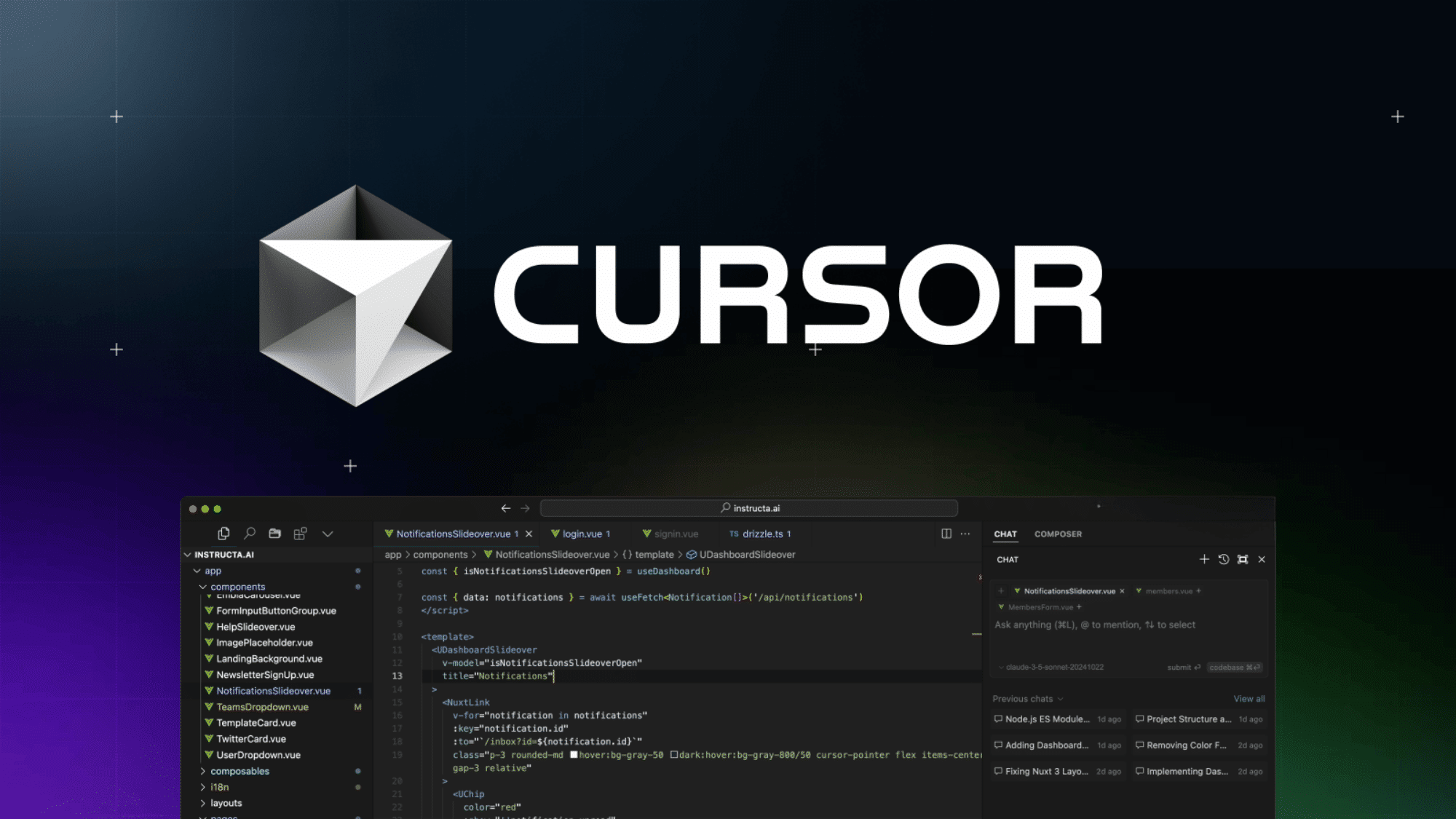 Cursor AI interface with code editor and chat panel visible