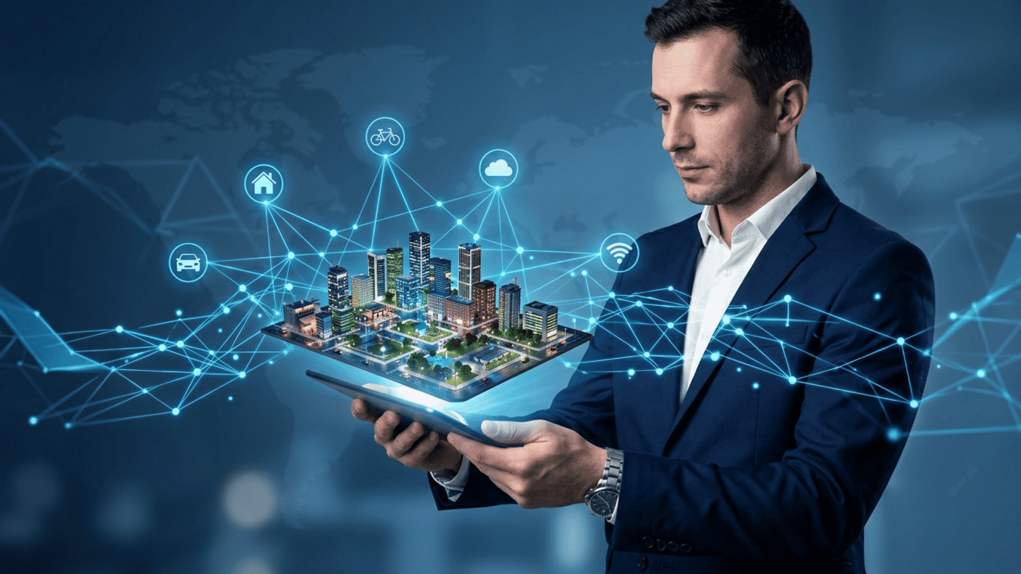 Man in suit holding tablet with holographic city and network connections above it.