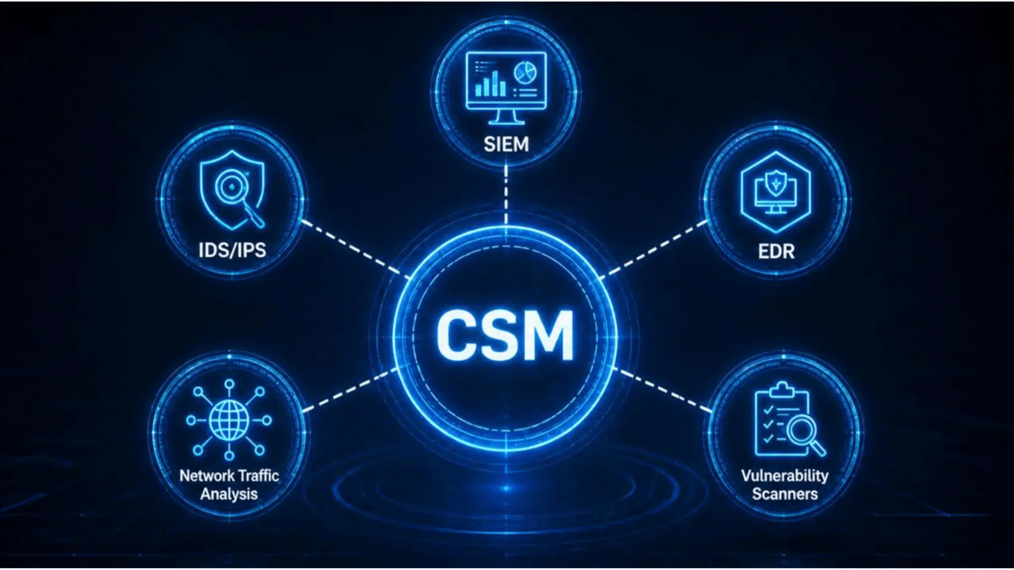 Network diagram showing CSM at the center, surrounded by IDS/IPS, SIEM, EDR, and other tools.