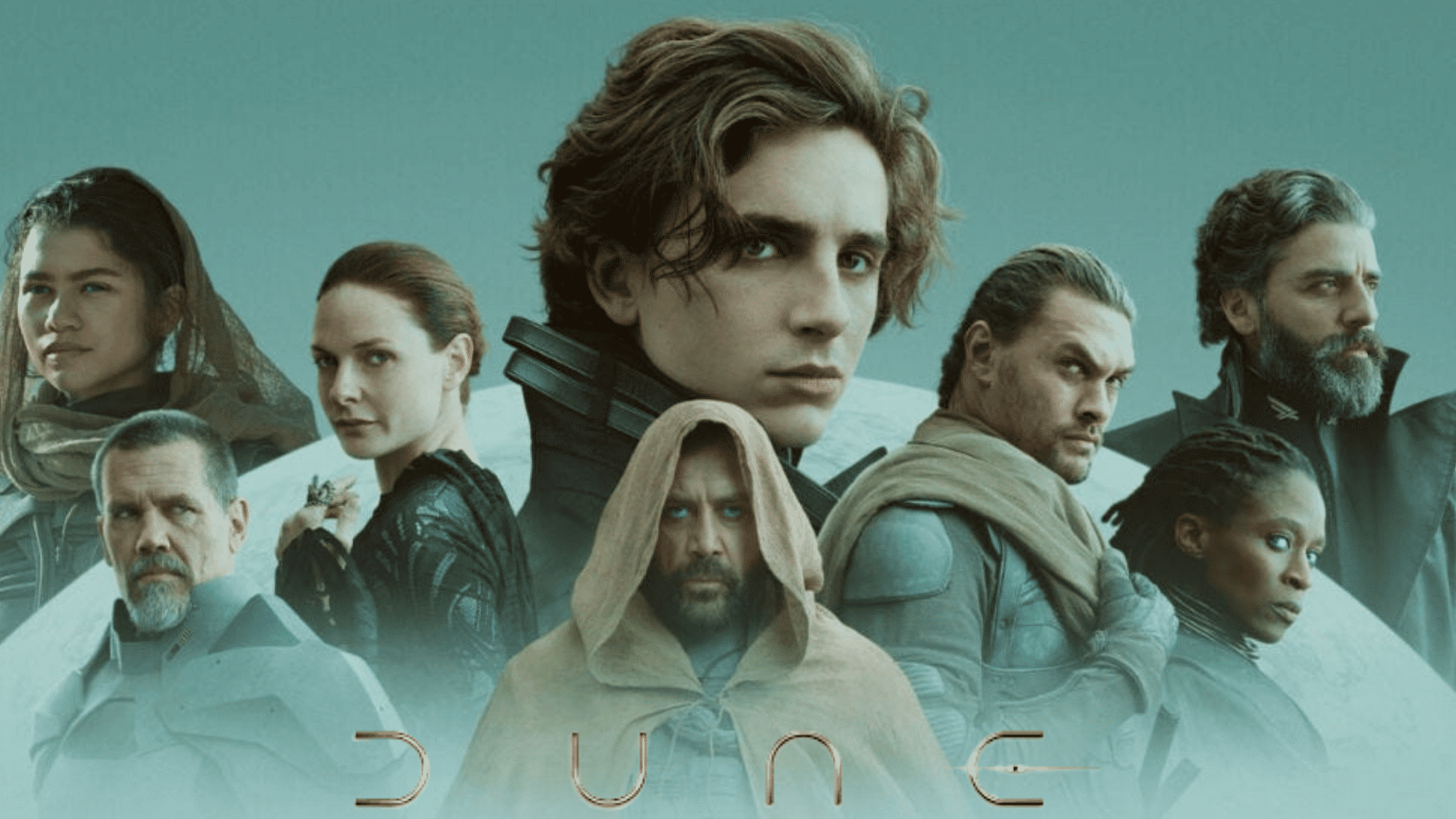 Dune movie poster featuring the main cast in sci-fi attire