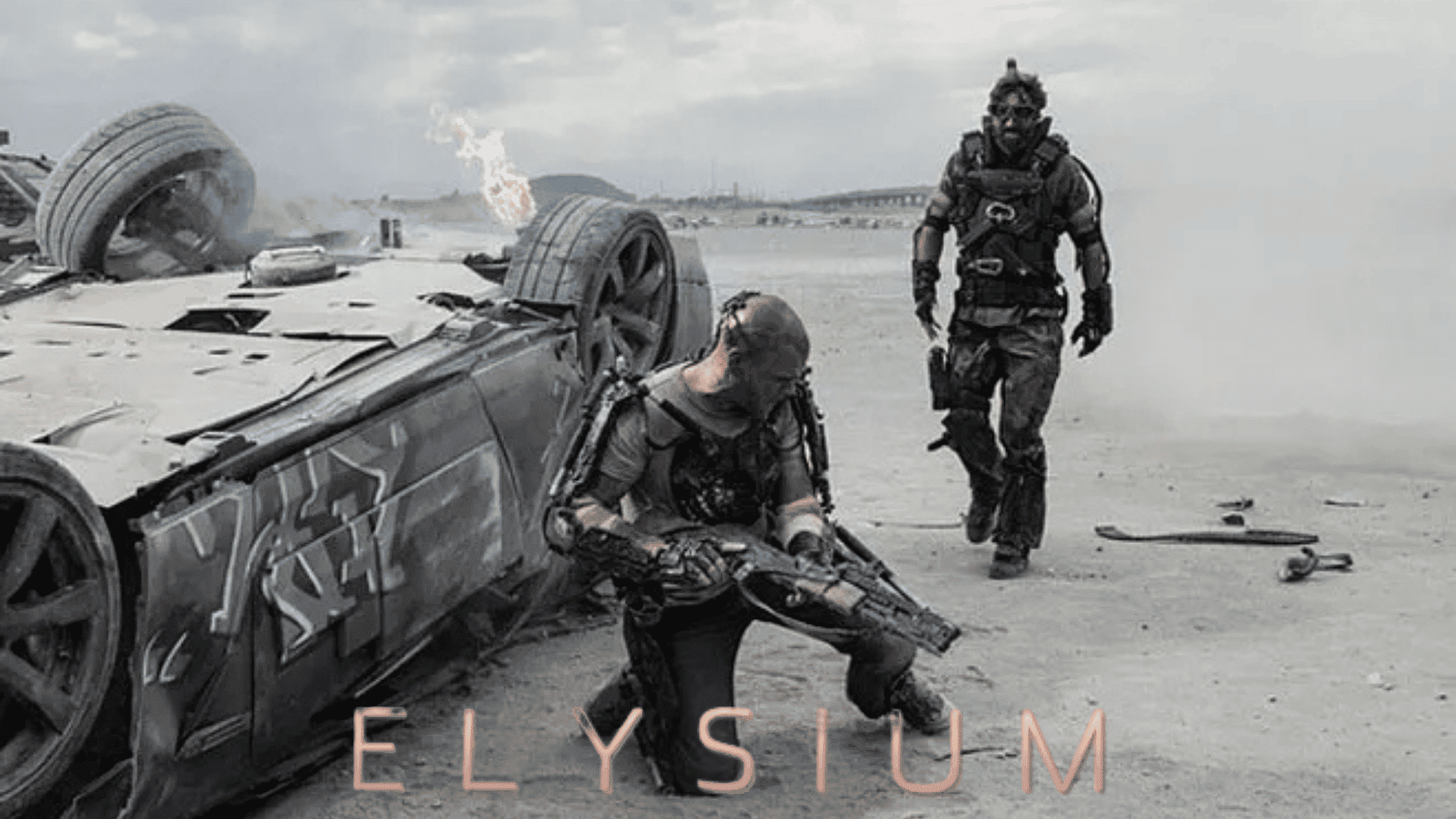 Elysium movie scene featuring futuristic soldiers in wasteland