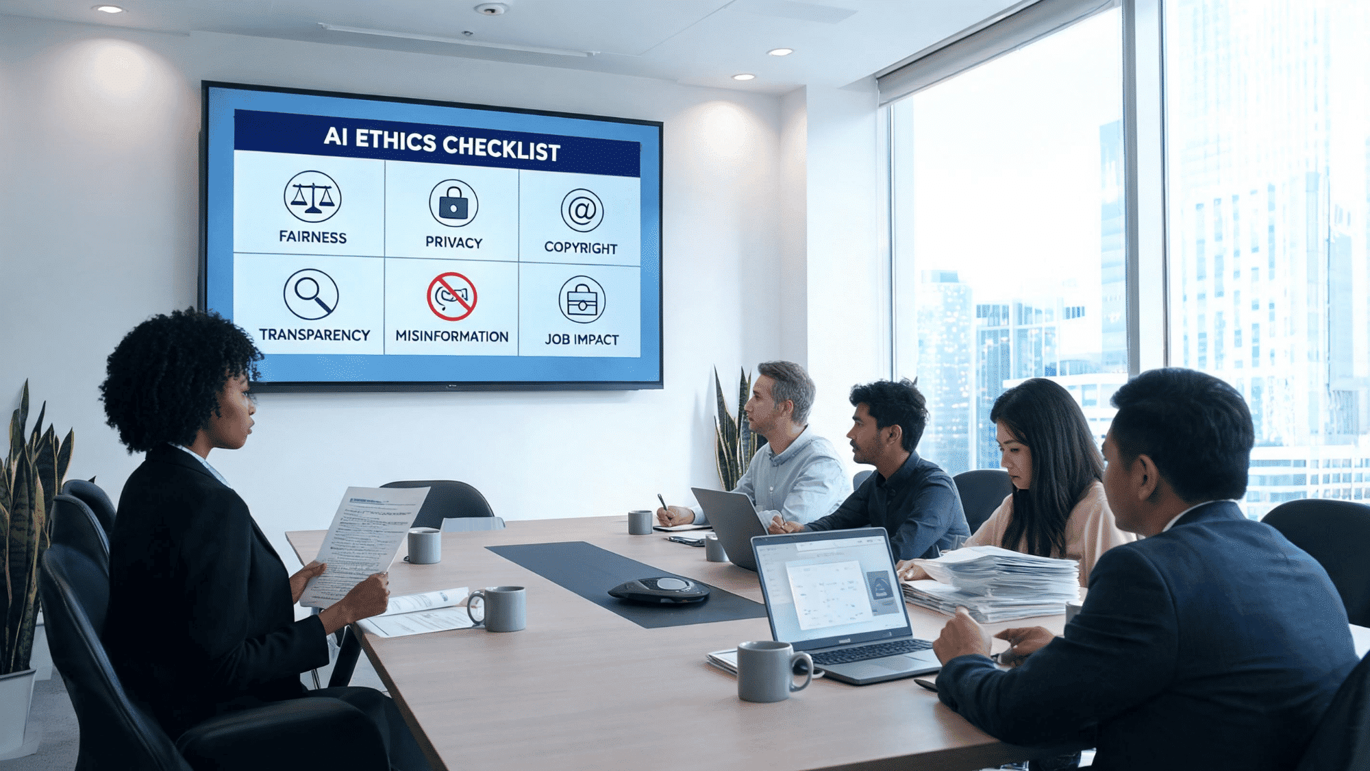Team reviewing an AI ethics checklist covering fairness, privacy, copyright, and job impact.