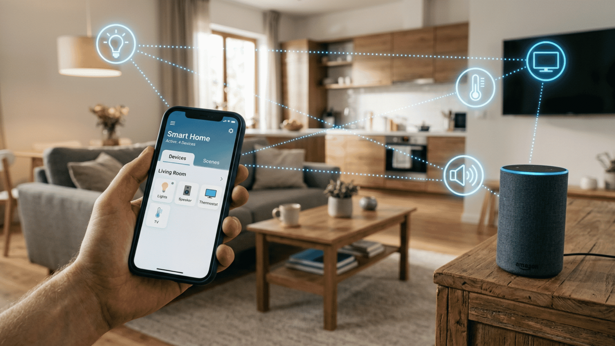 Smart home dashboard on tablet showing lights, thermostat, and connected devices in living room