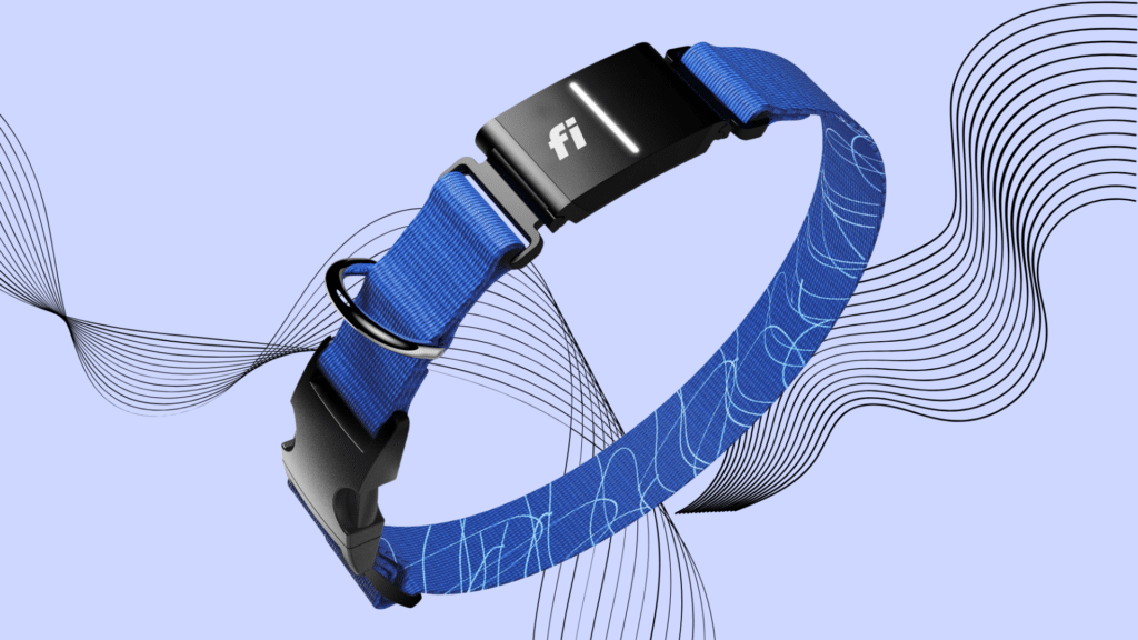 Fi Series 3 Smart Dog Collar is displayed on a light purple background with abstract wavy lines.