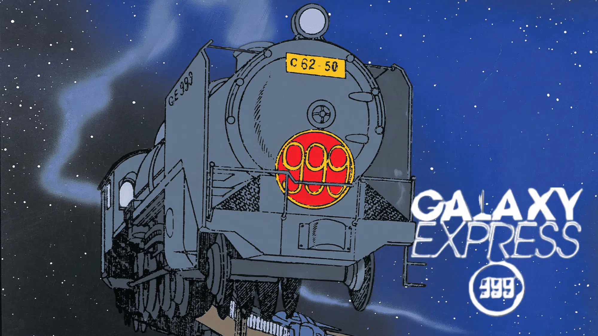 Galaxy Express 999 anime poster featuring the train flying through space and main characters