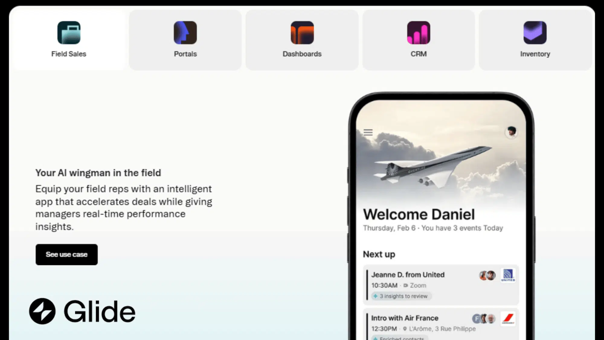 Glide app features screenshot showing field sales AI dashboard with CRM and inventory tools on mobile