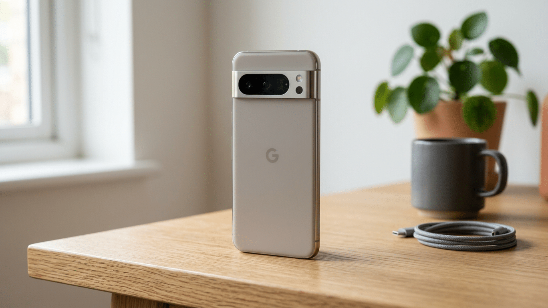 Google Pixel 10 smartphone displayed on a desk highlighting its premium design and camera bar