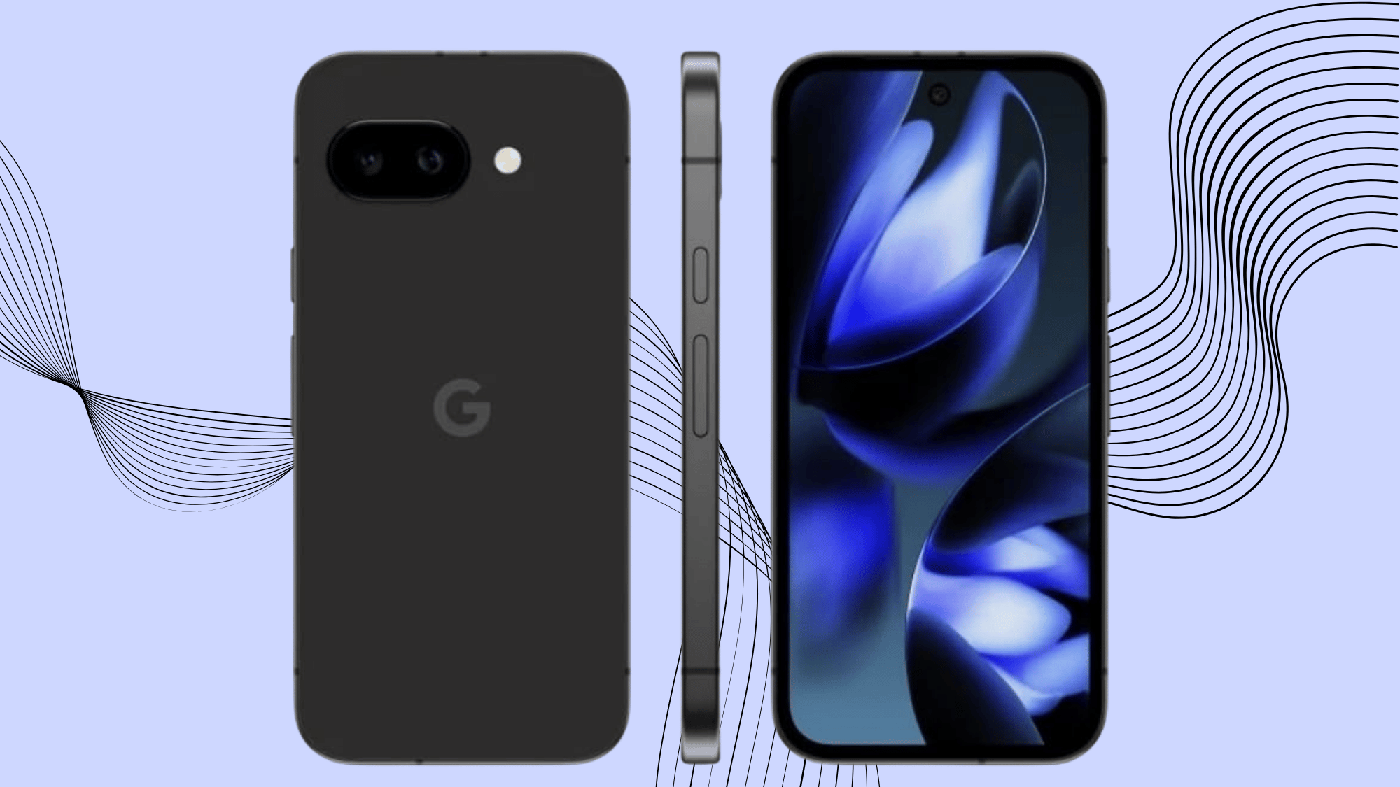 Google Pixel 9a front and back view in black.