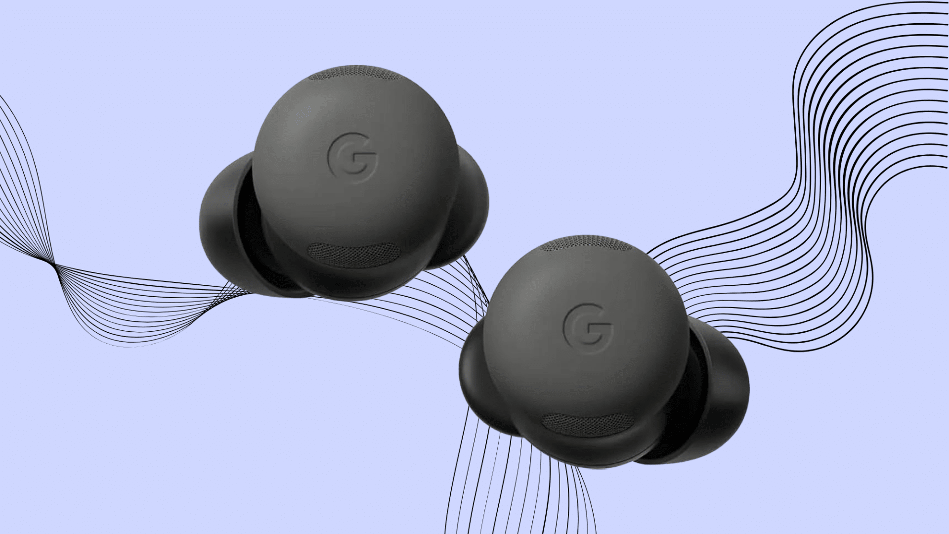 Google Pixel Buds Pro 2 is displayed on a light purple background with abstract wavy lines.