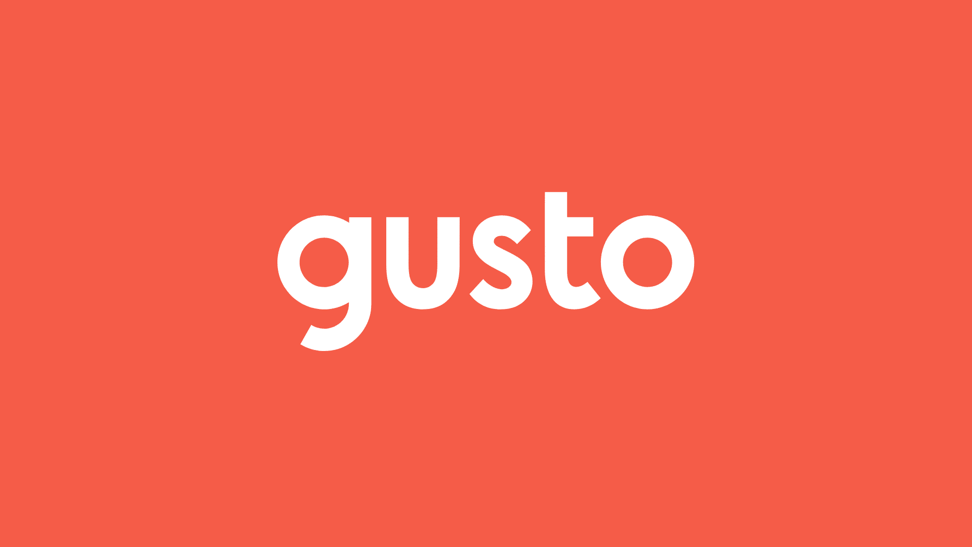 Gusto payroll and HR software logo in white text on coral red background