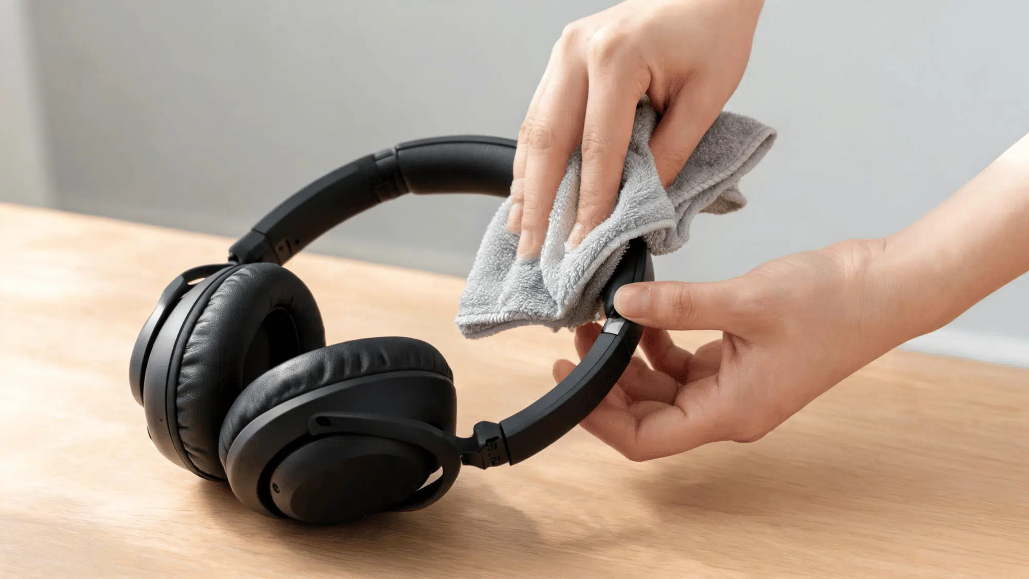 Wiping headphone headband and hinge joint with gray microfiber cloth