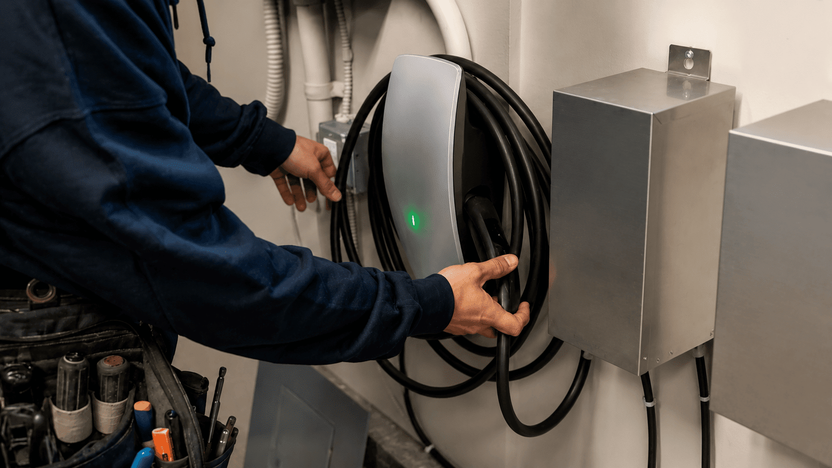 Technician installs a home EV charger with coiled cable beside electrical panels