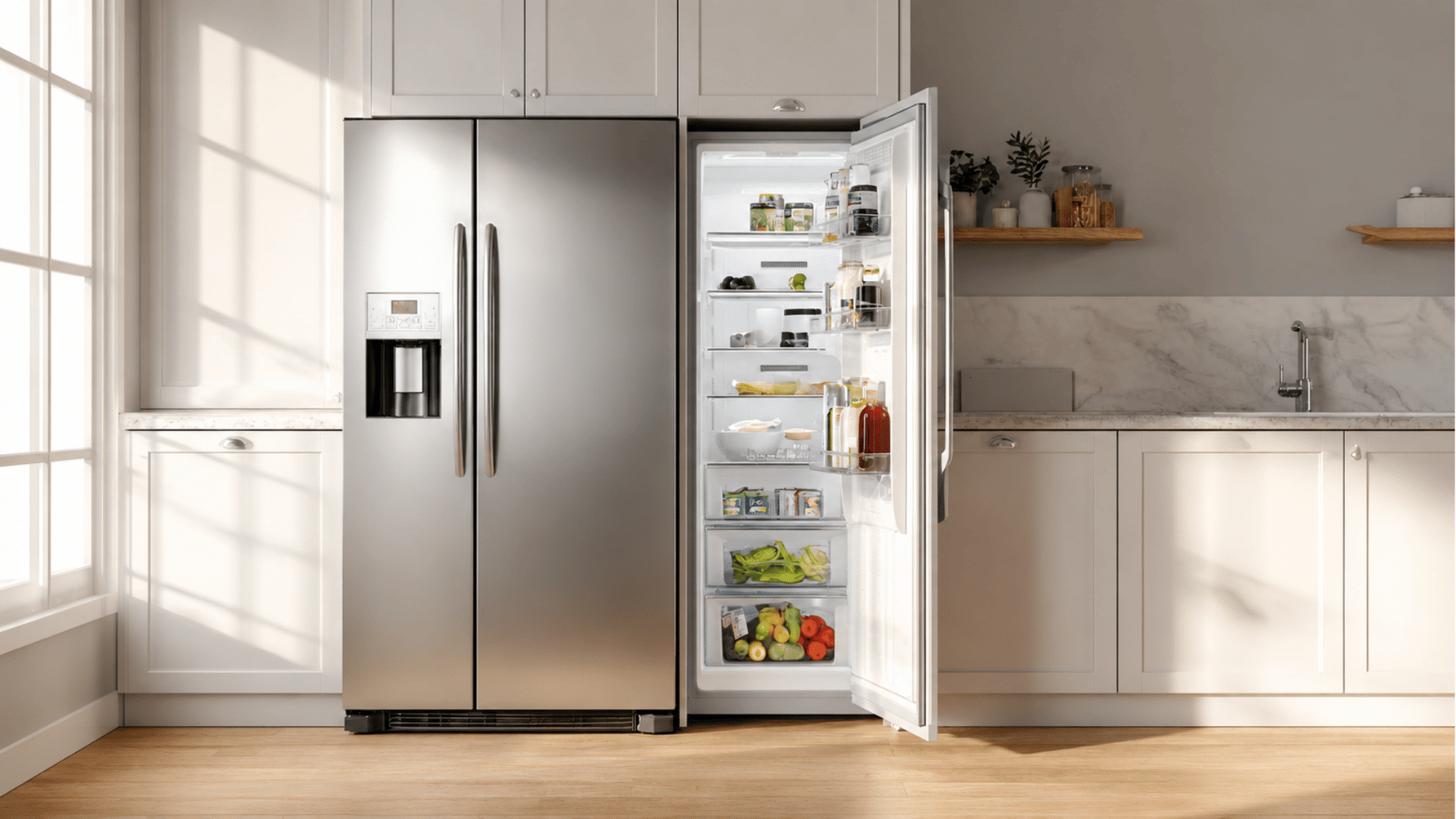 Stainless steel side-by-side refrigerator open in a bright white kitchen