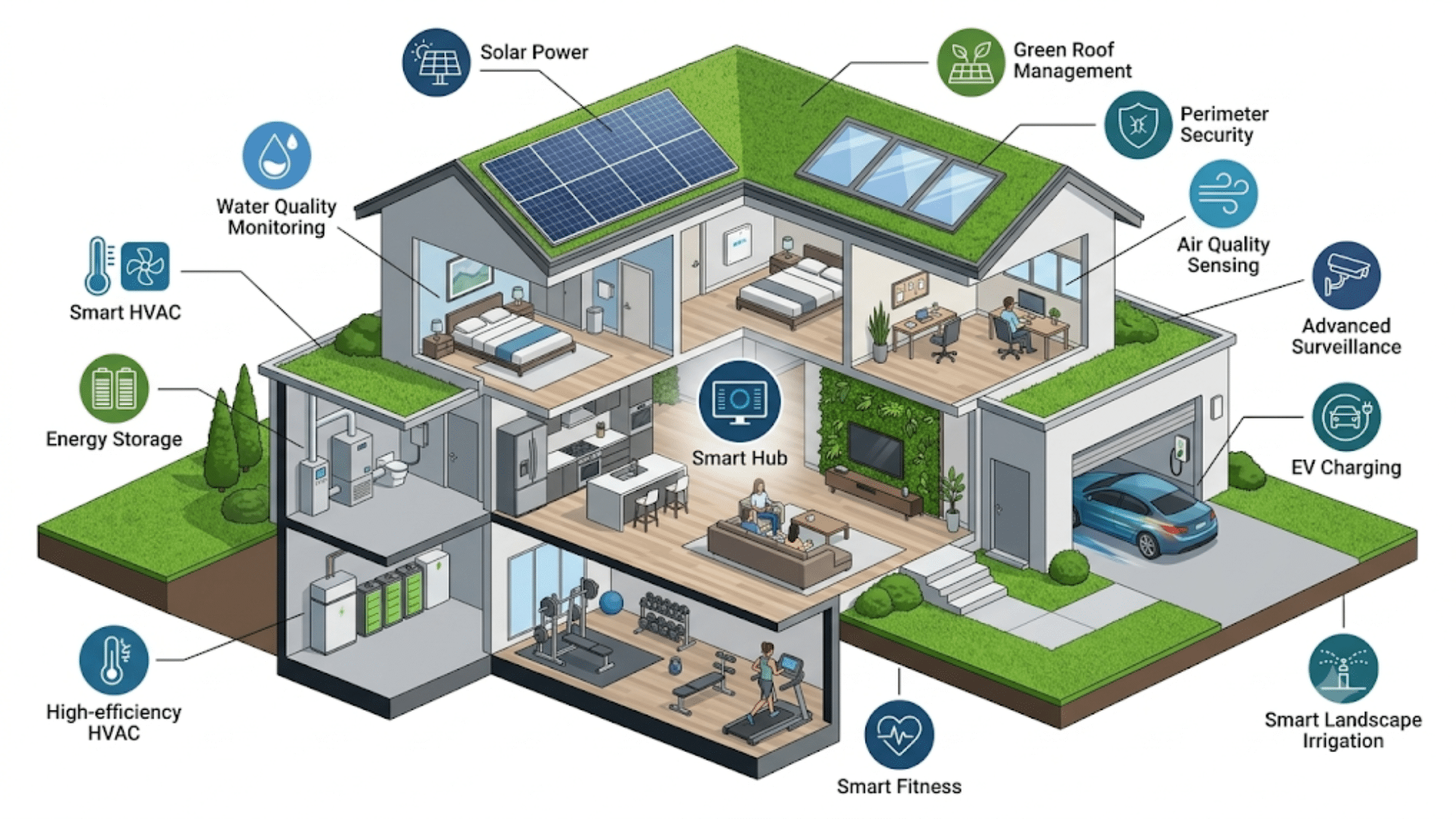 Illustrated smart home cutaway showing a hub, solar power, HVAC, security, and EV charging systems.