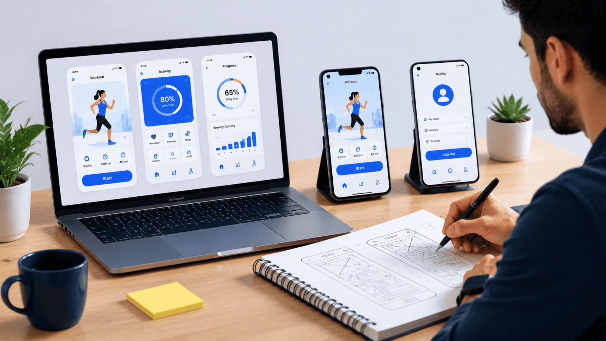 Designer sketching app wireframes on notebook with digital mockups on devices.