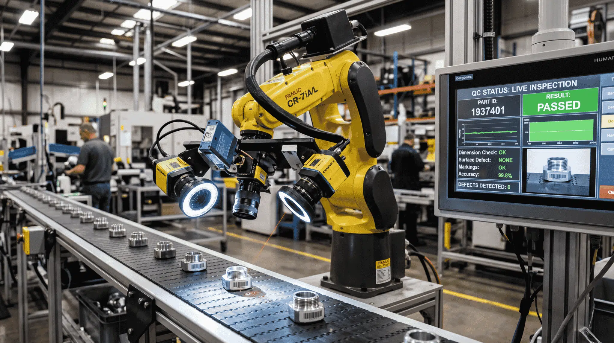 A robot using cameras and sensors to inspect products for defects on a manufacturing line.
