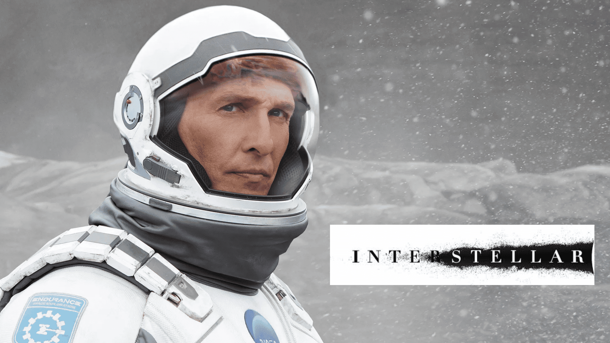 Interstellar astronaut standing on icy alien planet.