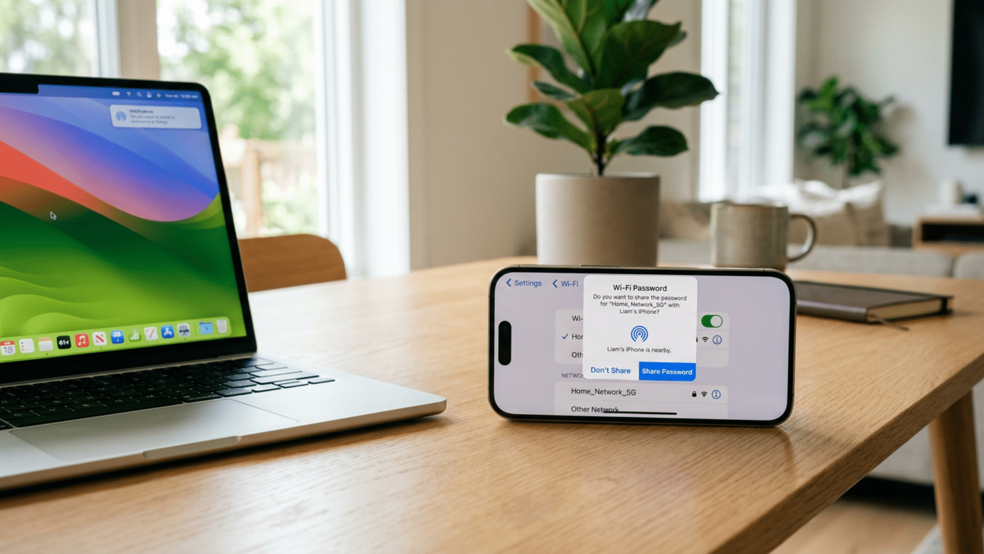iPhone displaying a WiFi password sharing prompt next to another Apple device on a desk