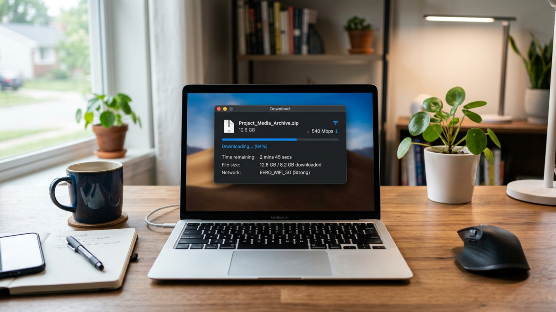 Laptop connected to a wireless network showing fast data transfer and stable performance
