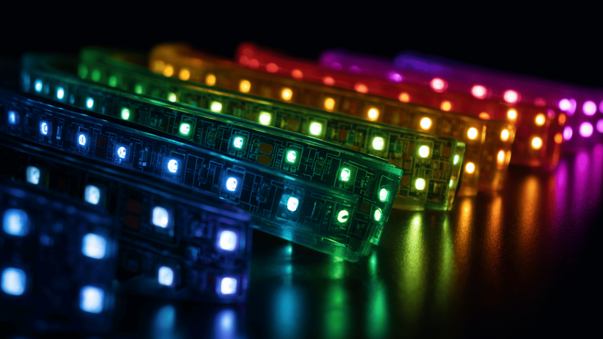 A compact smart LED controller hardware unit connected to a multi-color strip light.
