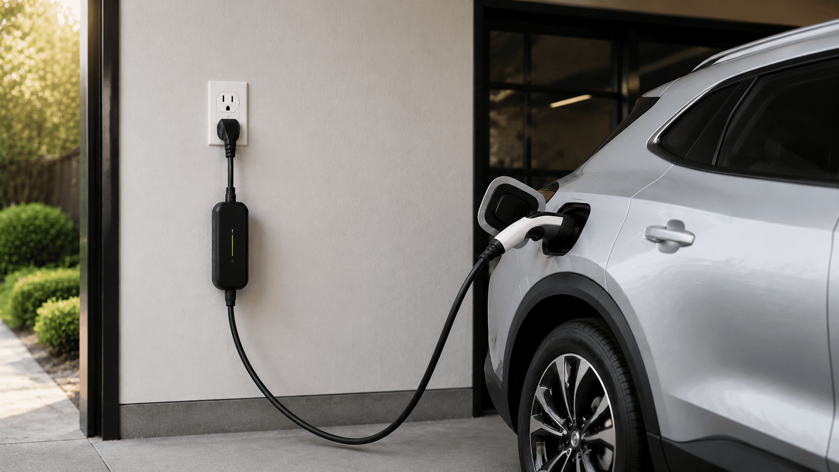 Level 1 EV charger plugged into standard household outlet, slow charging for short daily commutes.