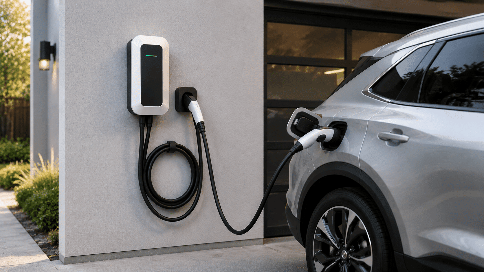 Level 2 home EV charger connected to car, offering rapid and convenient charging for long daily drives.