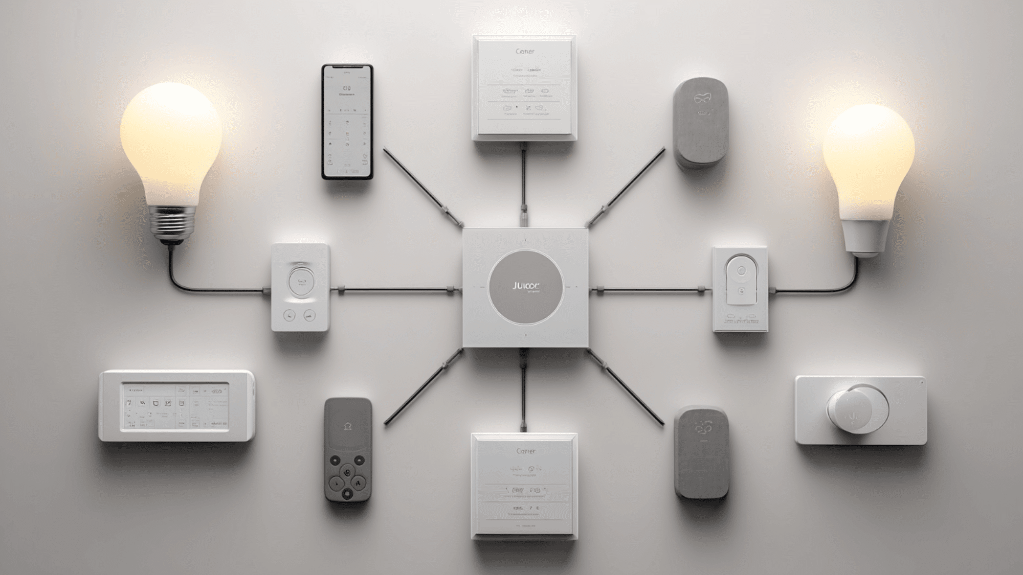 A central smart control hub coordinating communication between light fixtures, motion sensors, and wall switches.