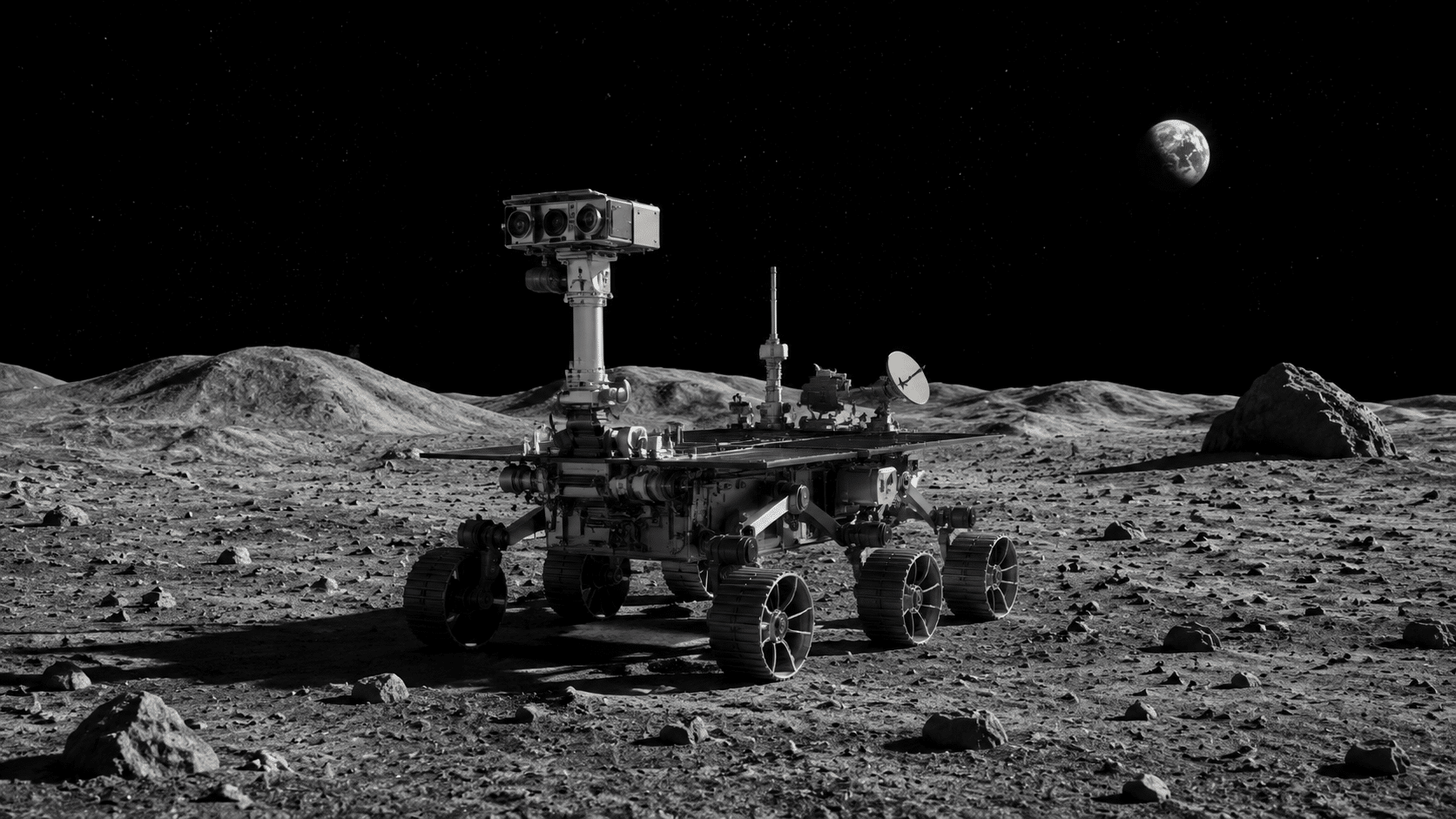 Stationary lunar lander analyzing surface with scientific instruments under distant Earth view