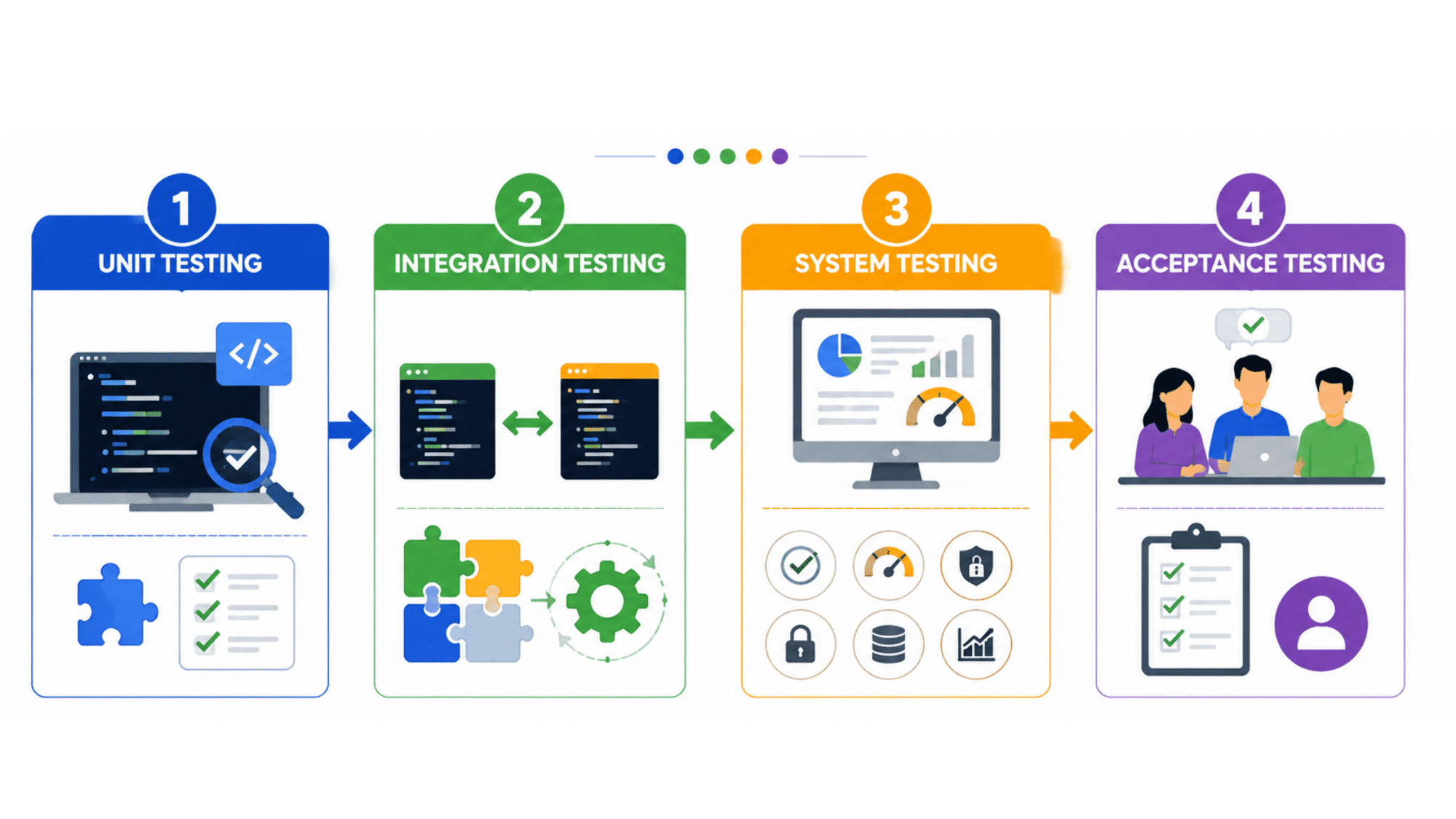 Infographic showing main levels of software testing with icons, clean vector style.