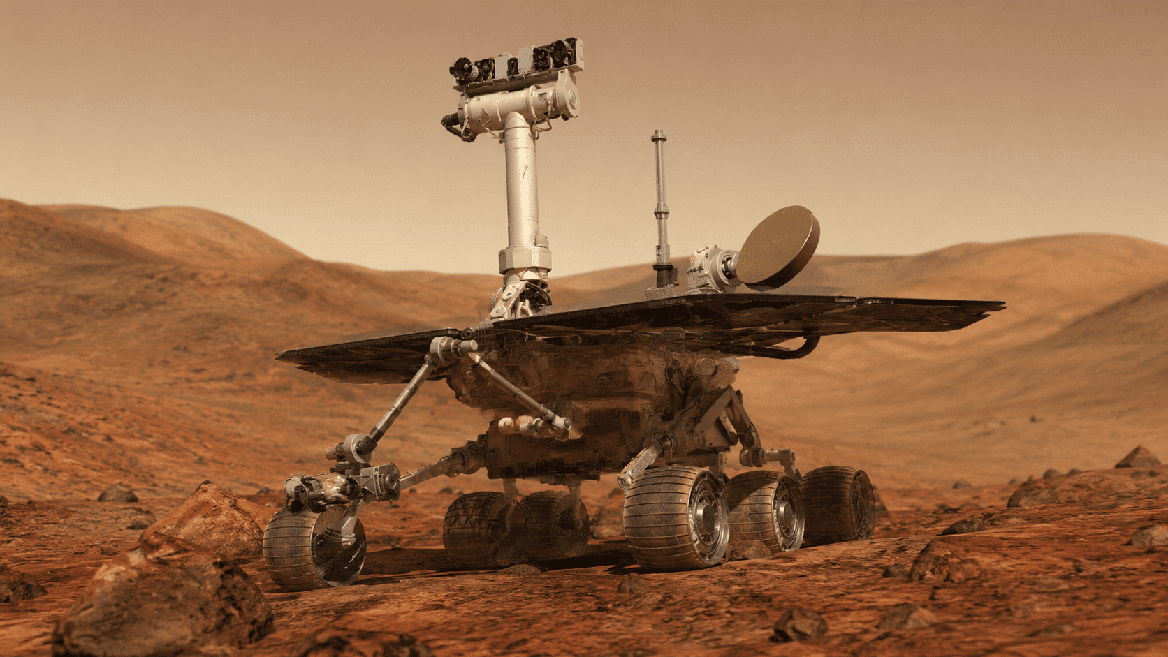 Mars rover studying terrain with cameras and instruments on rocky red Martian surface