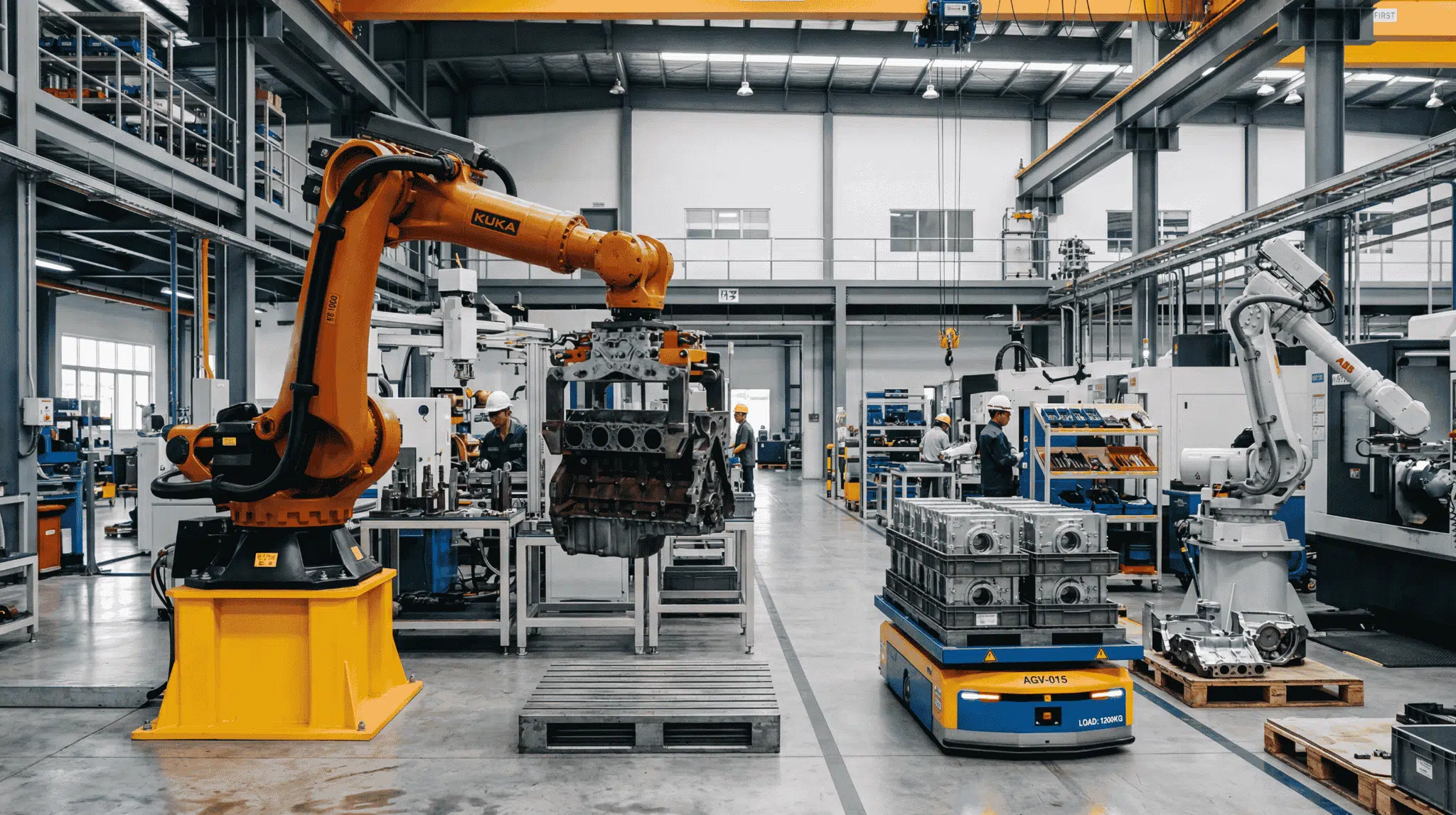 Industrial robots moving heavy parts, raw materials, and finished goods across a factory floor.