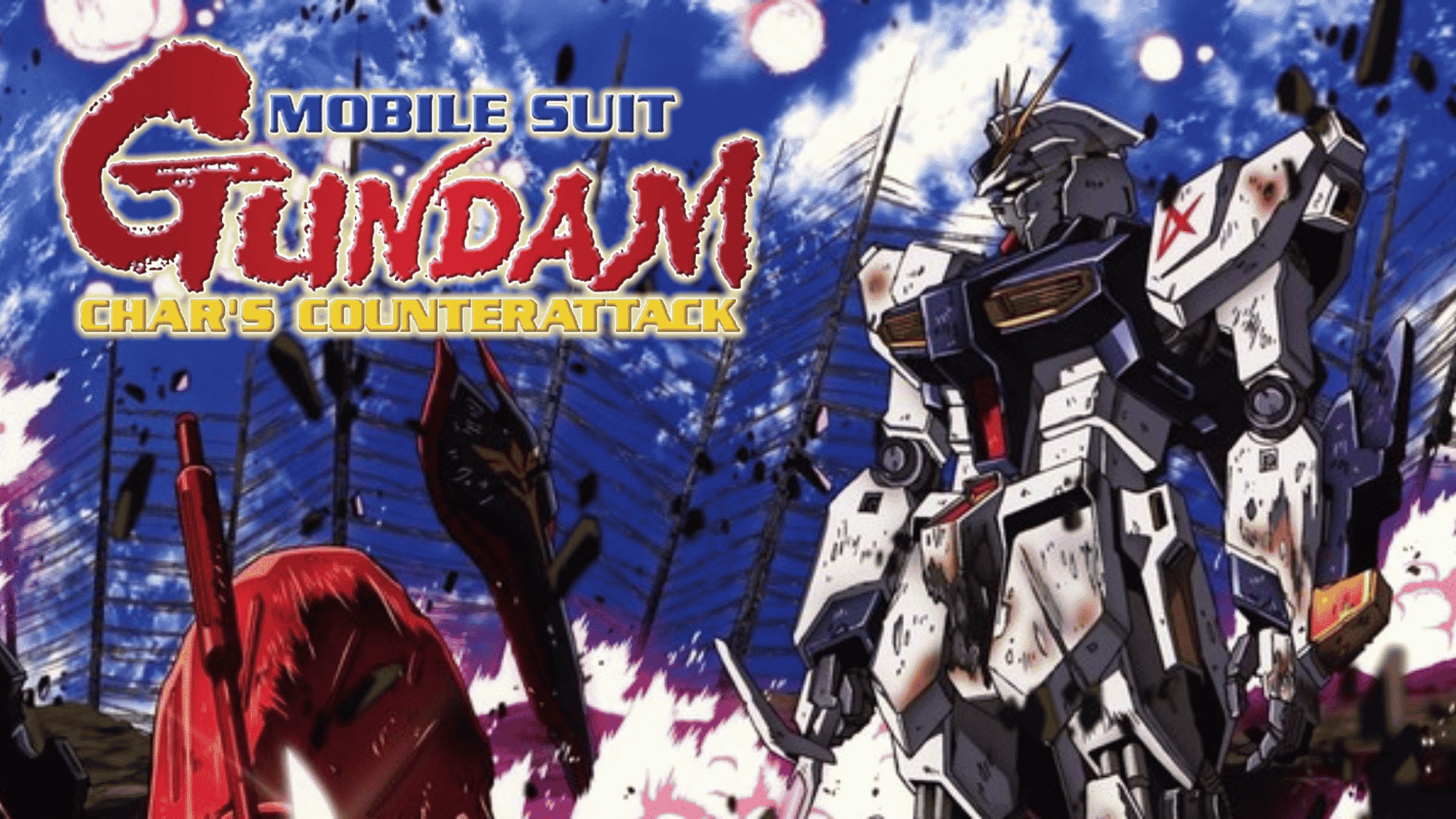 Char's Counterattack poster featuring Gundam mech and space battle