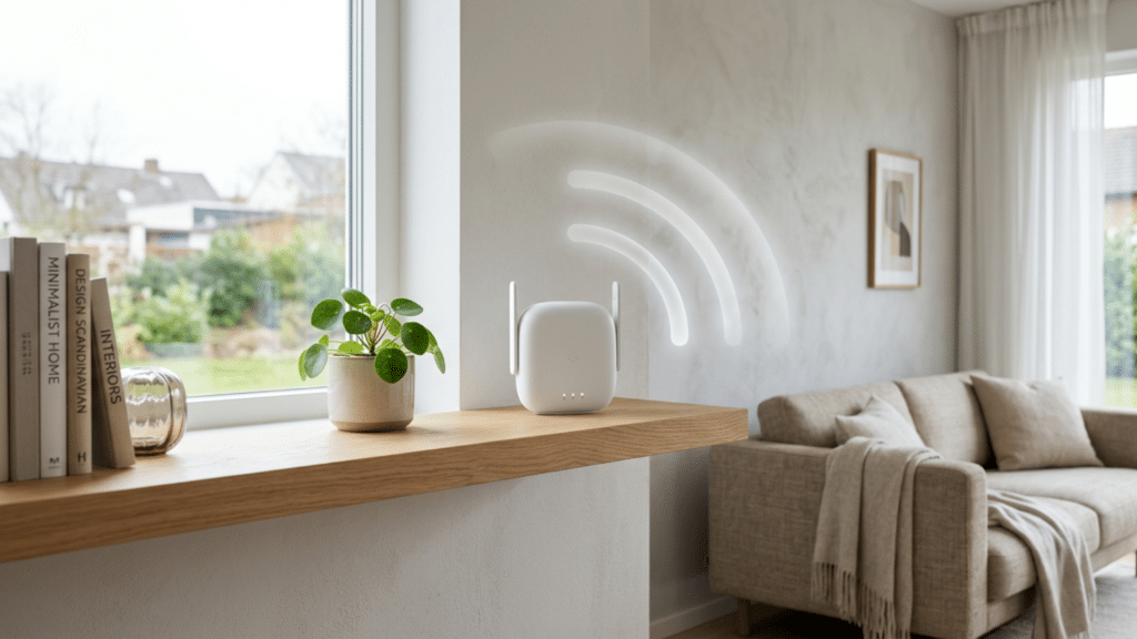 Modern WiFi router in a bright living room providing strong wireless coverage throughout the home