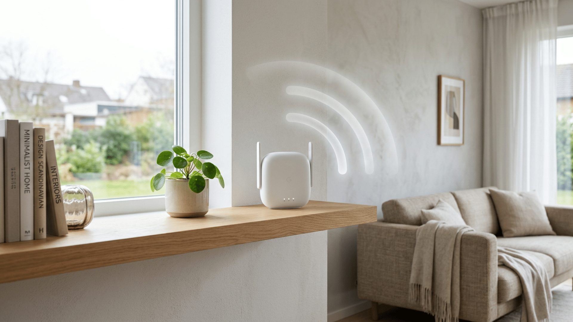 Modern WiFi router in a bright living room providing strong wireless coverage throughout the home
