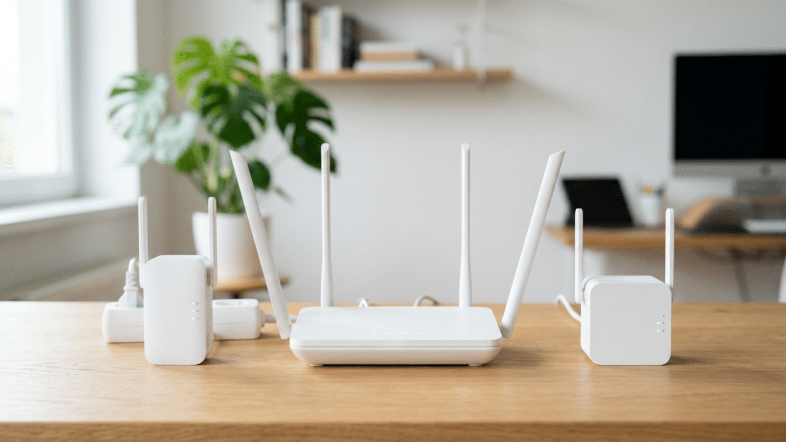 Modern WiFi router with extender and booster devices arranged in a clean home office setting