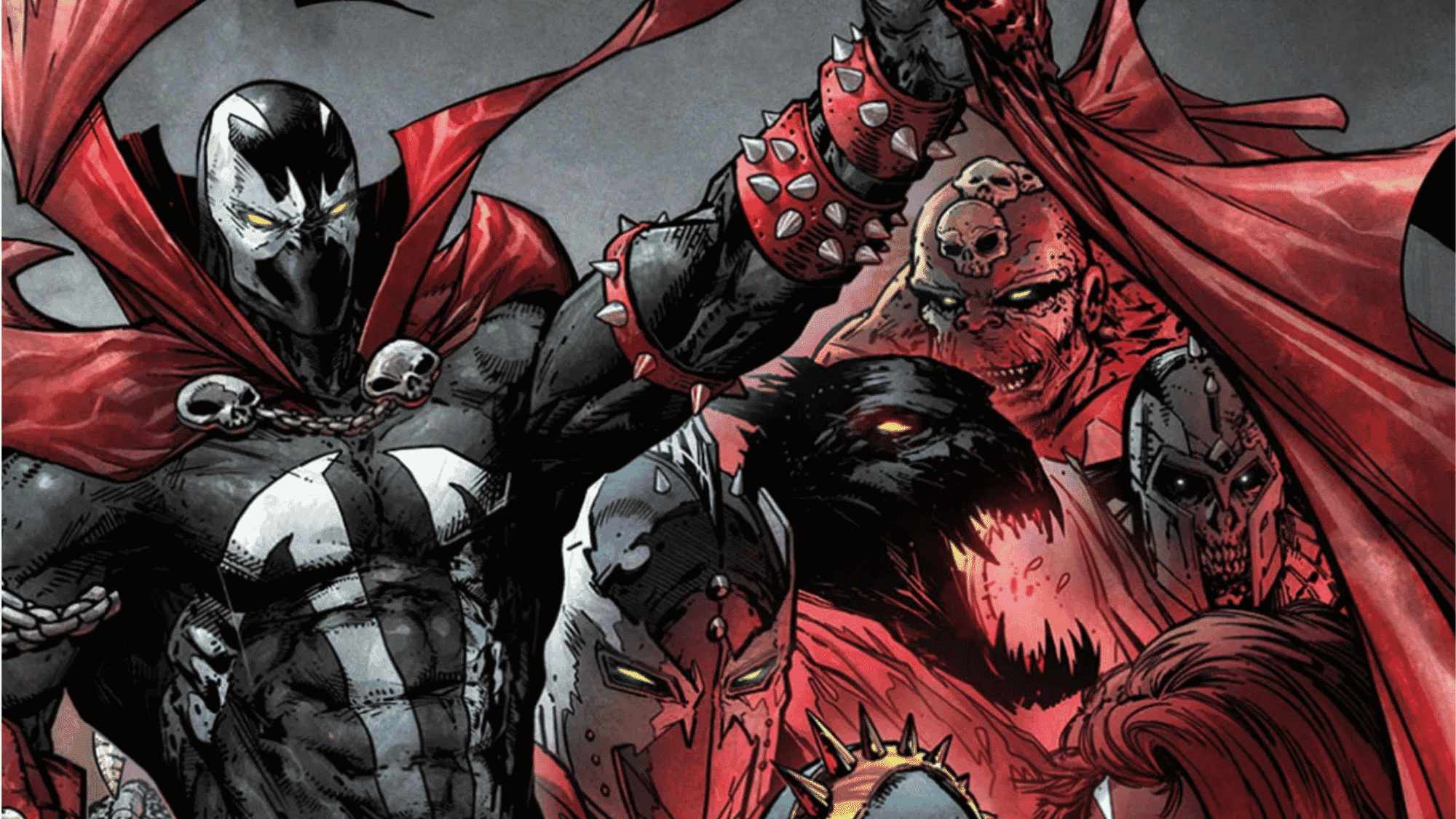 Spawn stands with villains in a dark comic-style battle.