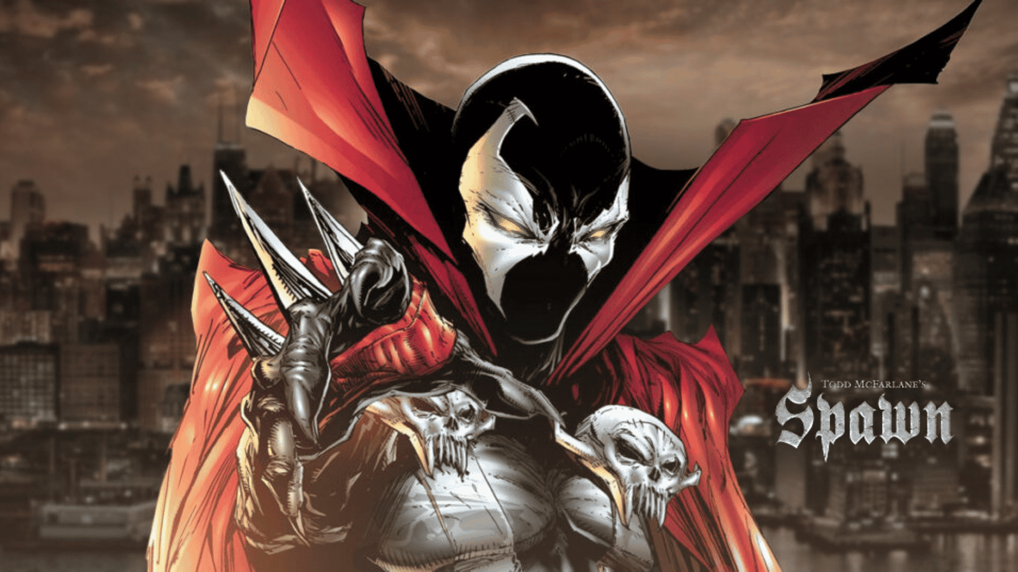 Spawn stands before a dark city with glowing eyes.