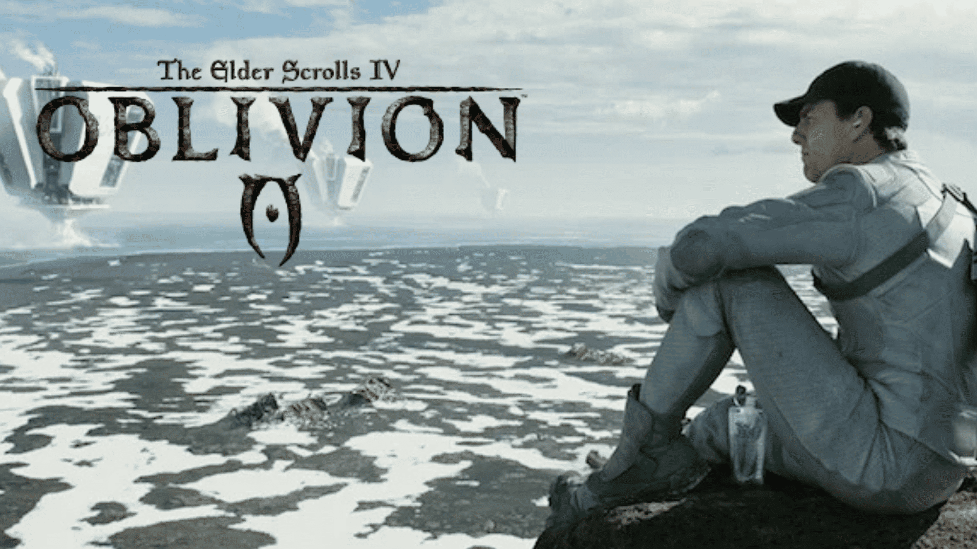Oblivion sci-fi scene with lone survivor by ocean.