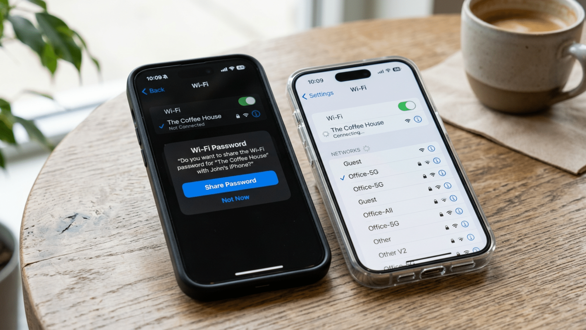 One iPhone sharing a WiFi password with another iPhone using Apple's feature