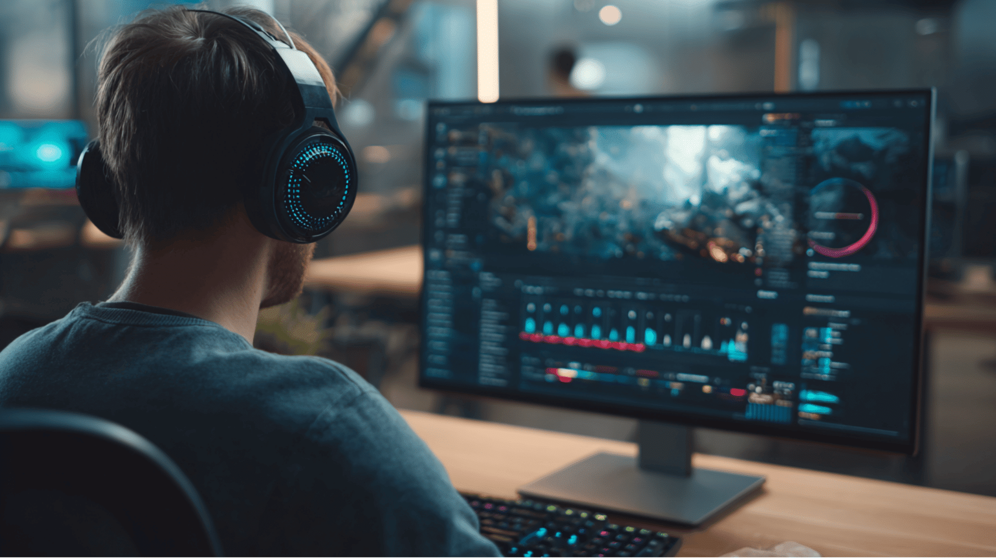 4:37 PMClaude responded: Gamer wearing RGB headphones facing a widescreen monitor with game audio visualsGamer wearing RGB headphones facing a widescreen monitor with game audio visuals