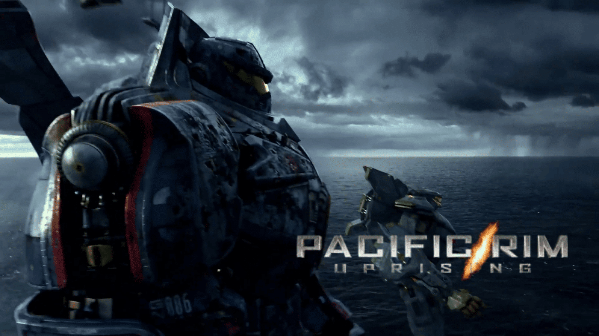 Pacific Rim Uprising poster featuring giant combat robots over the ocean under stormy skies.