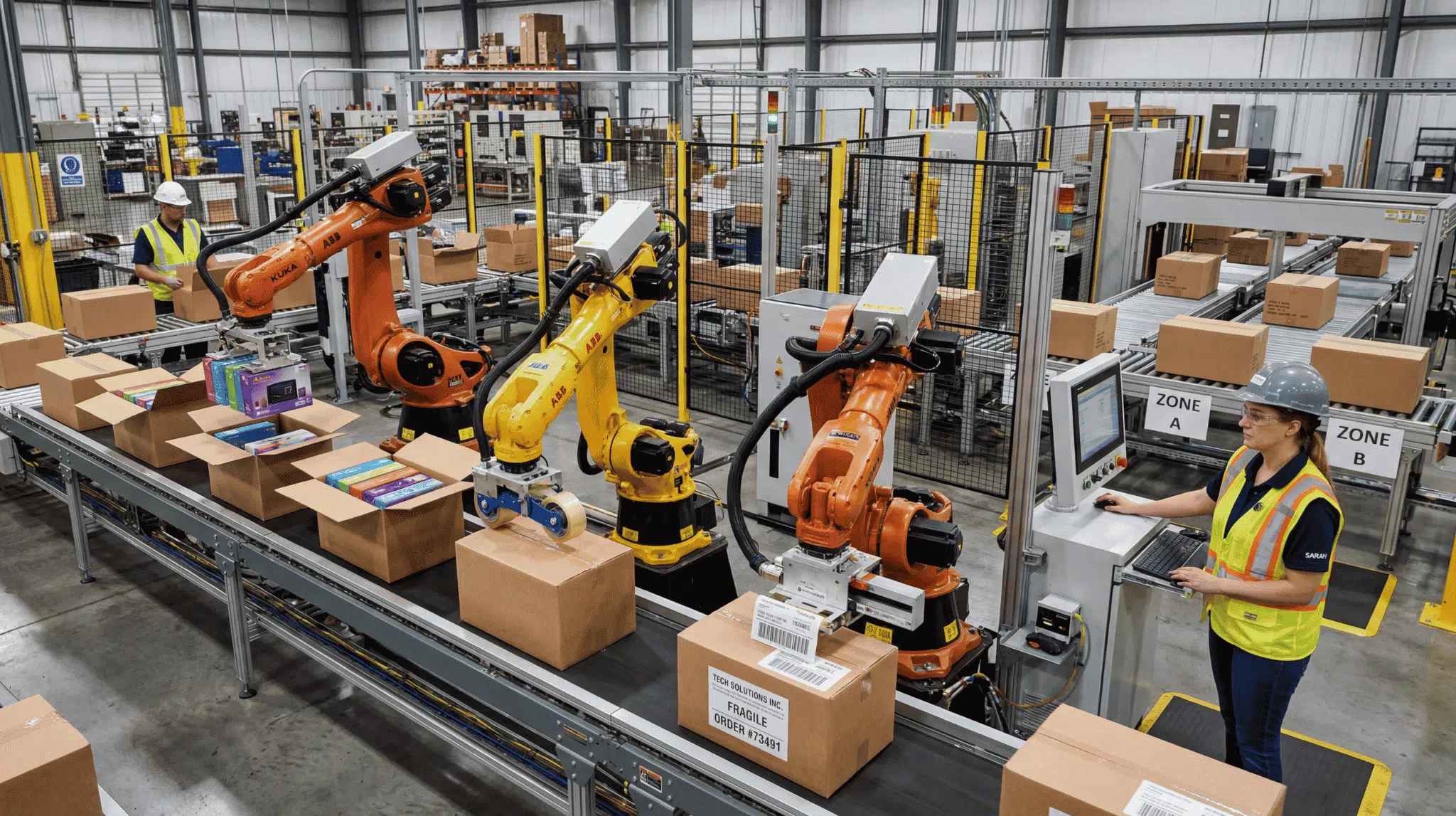 Robots packing, sealing, labeling, and sorting products on a factory packaging line.