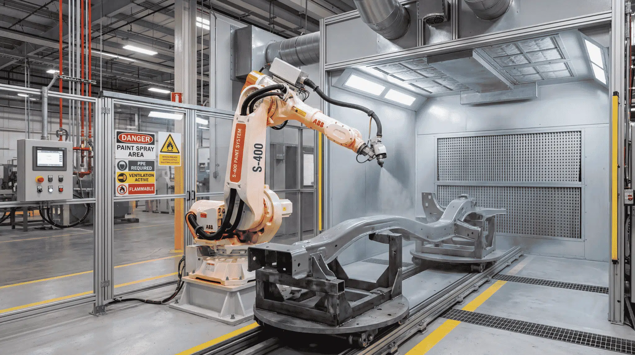Robotic arm spray-painting manufacturing parts inside a factory paint booth.