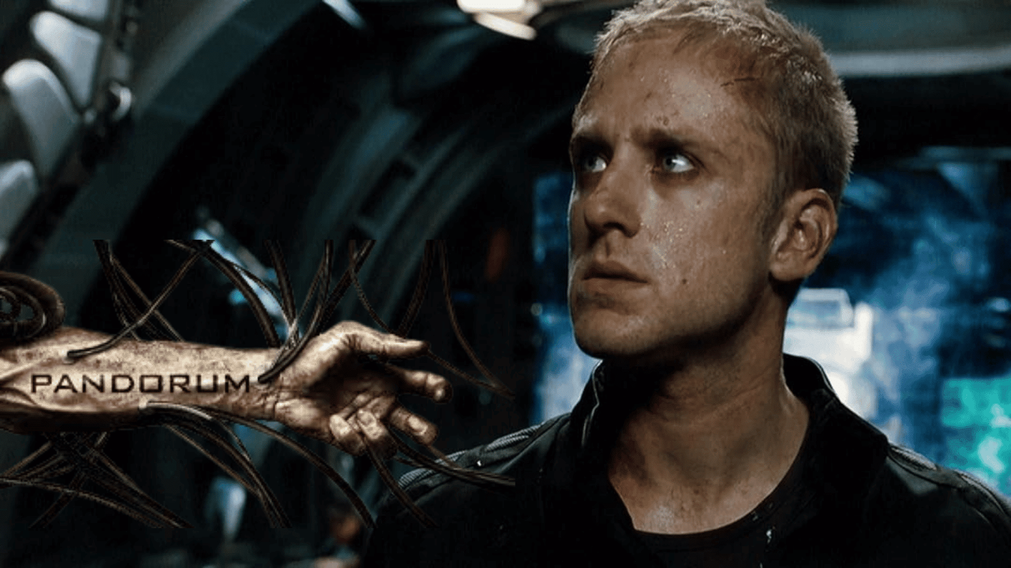 Pandorum movie scene with astronaut in tense sci-fi setting.
