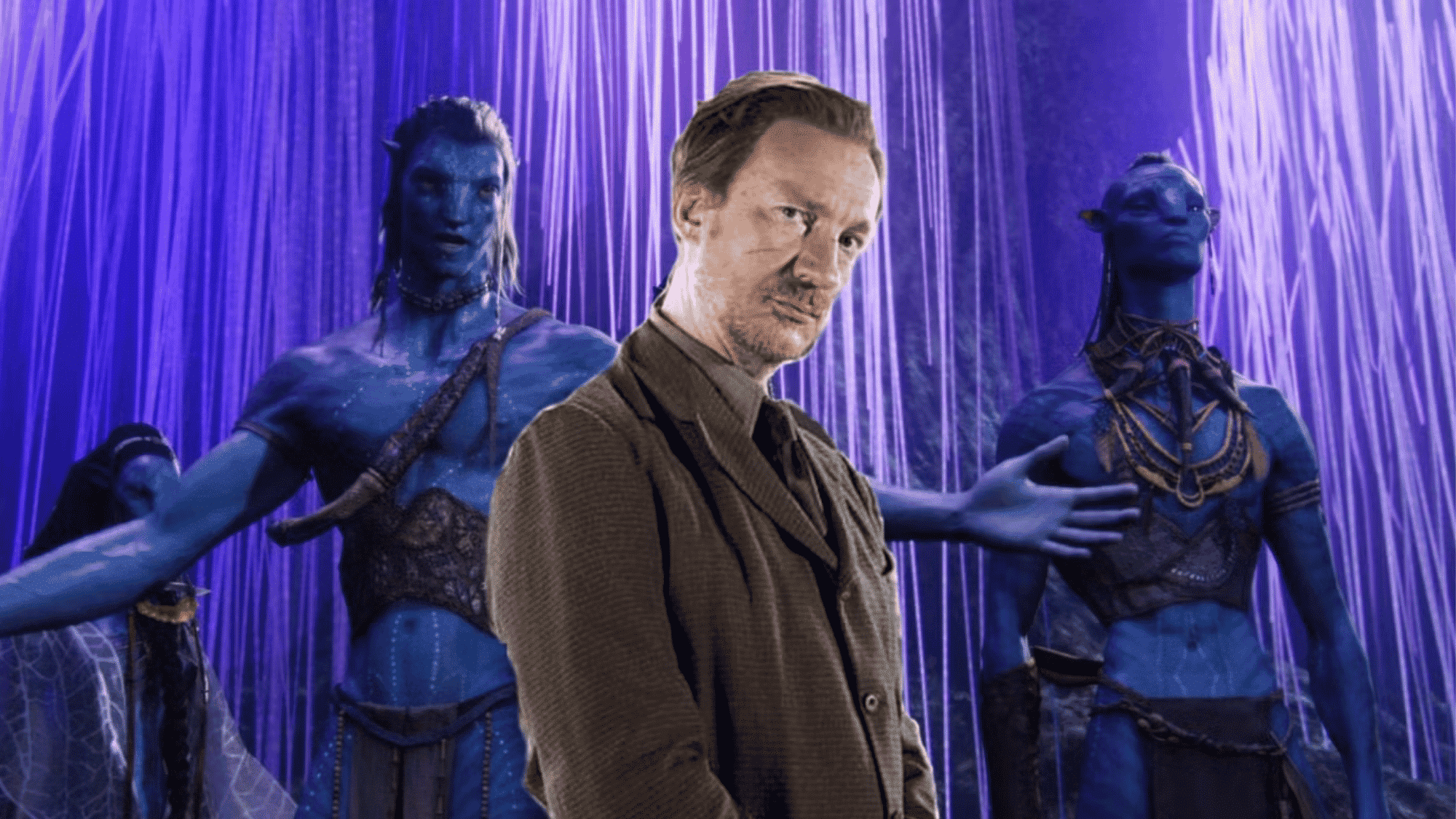 Image featuring actor David Thewlis standing in the center with blue Na’vi characters from Avatar in the background, highlighting his connection to the Avatar sequels and the expanding world of Pandora.