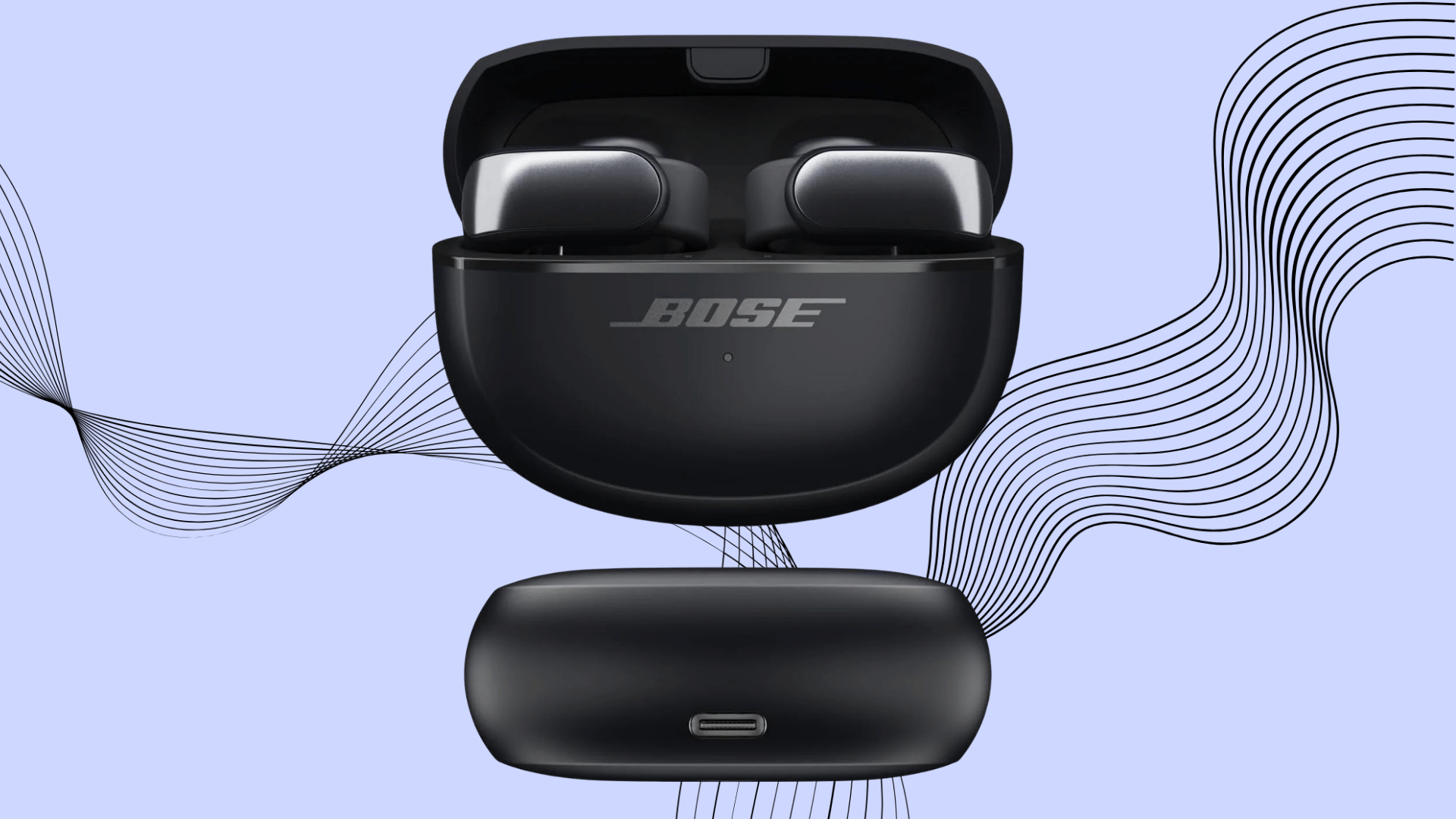 Bose Ultra Open Earbuds in charging case showing front and USB-C port view.